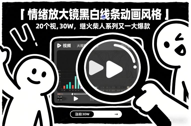 情绪放大镜黑白线条动画风格，20个视频，涨粉30W，继火柴人系列又一大爆款-小目标云网创